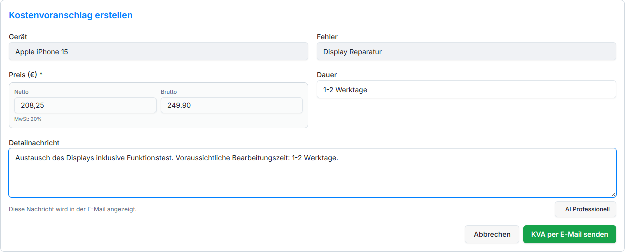 KI-gestützter Kostenvoranschlag versenden