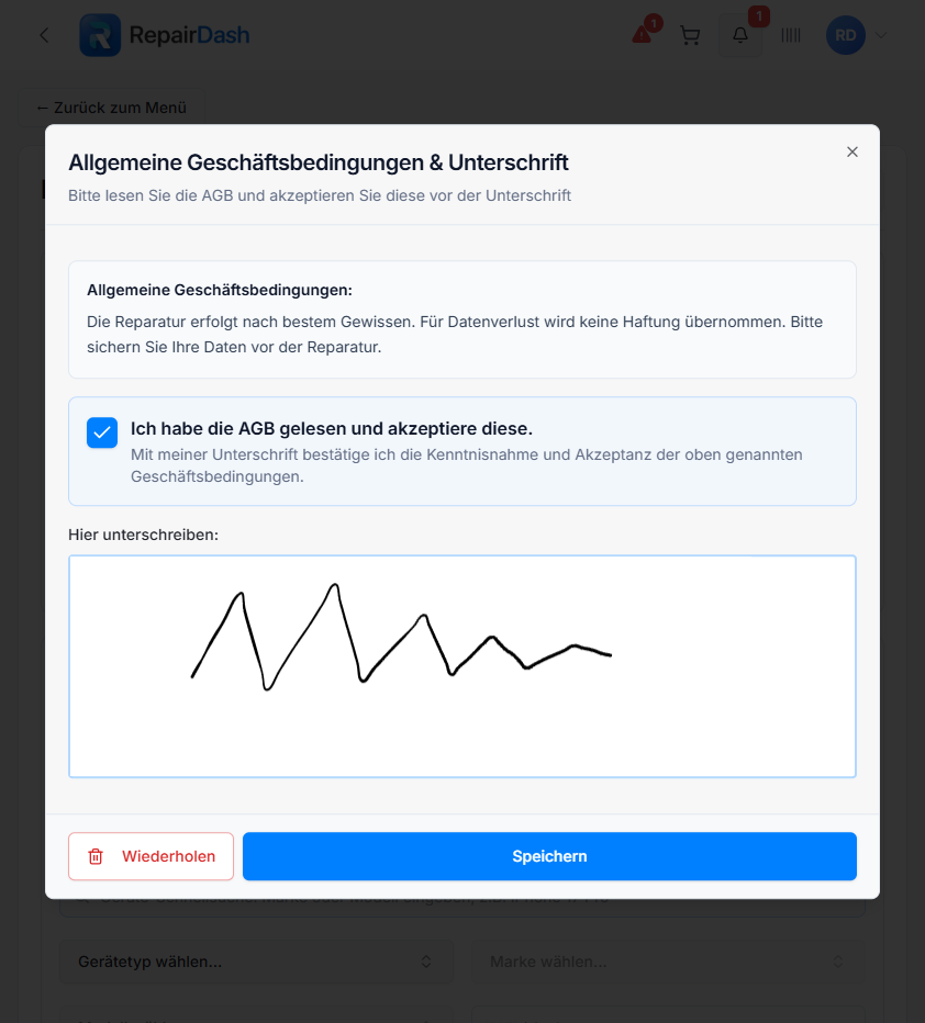 RepairDash digital signature pad on a tablet