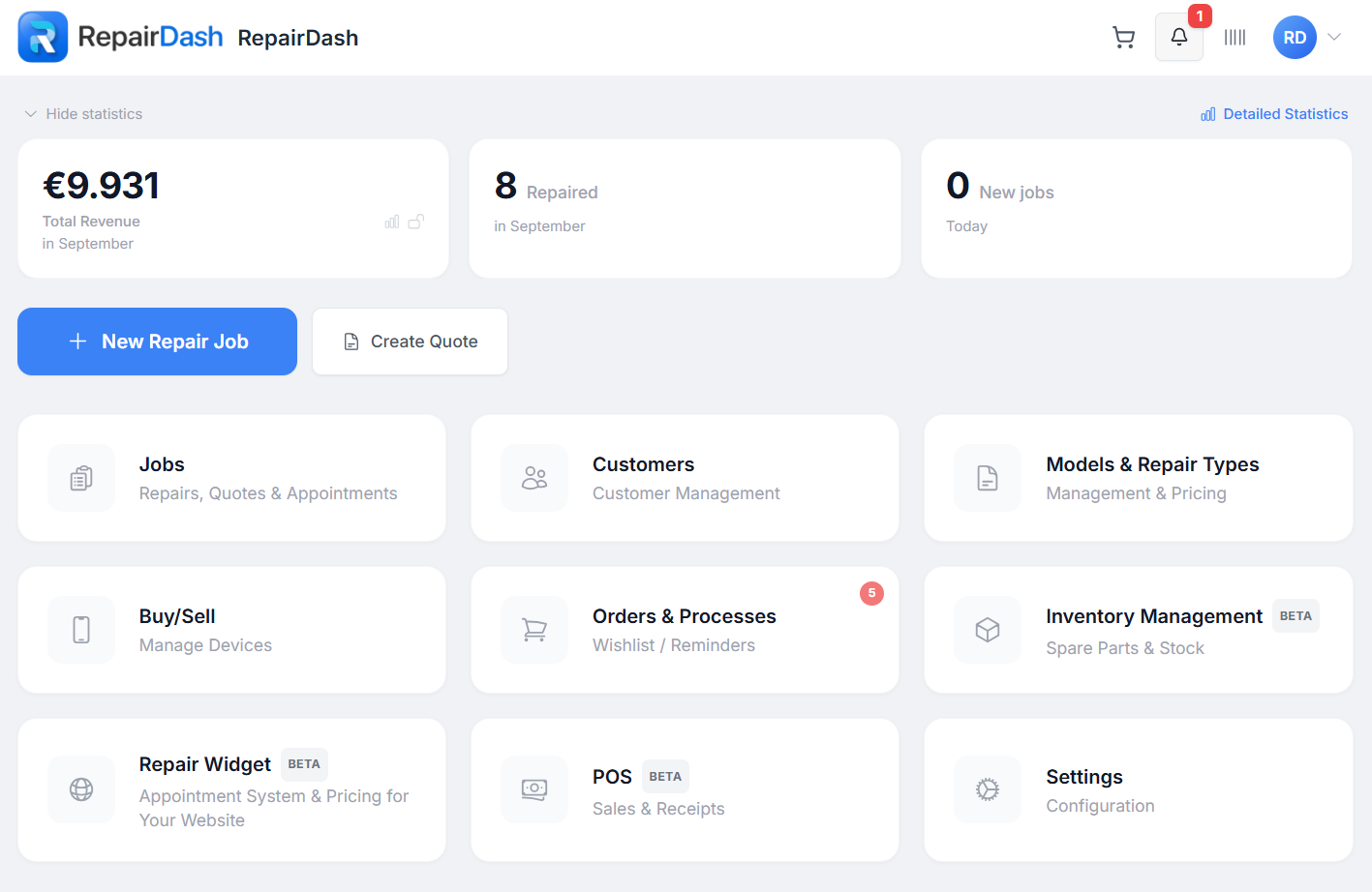 RepairDash English dashboard with repair job, customer, inventory and POS sections