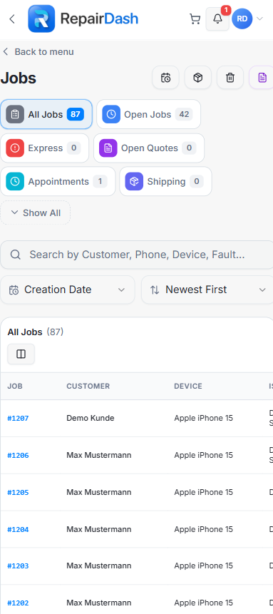 RepairDash English mobile jobs list