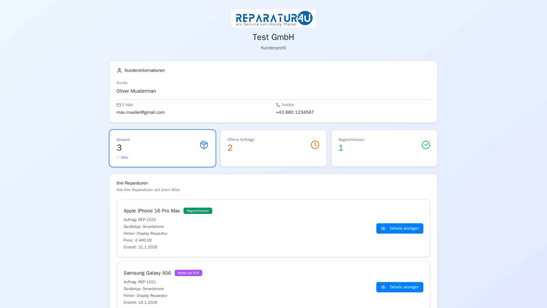 Kundenprofil Screenshot