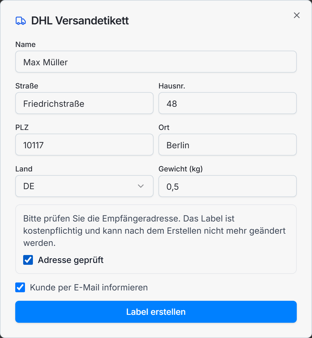 DHL-Versandetikett in RepairDash erstellen: Empfänger, Gewicht und Adressprüfung