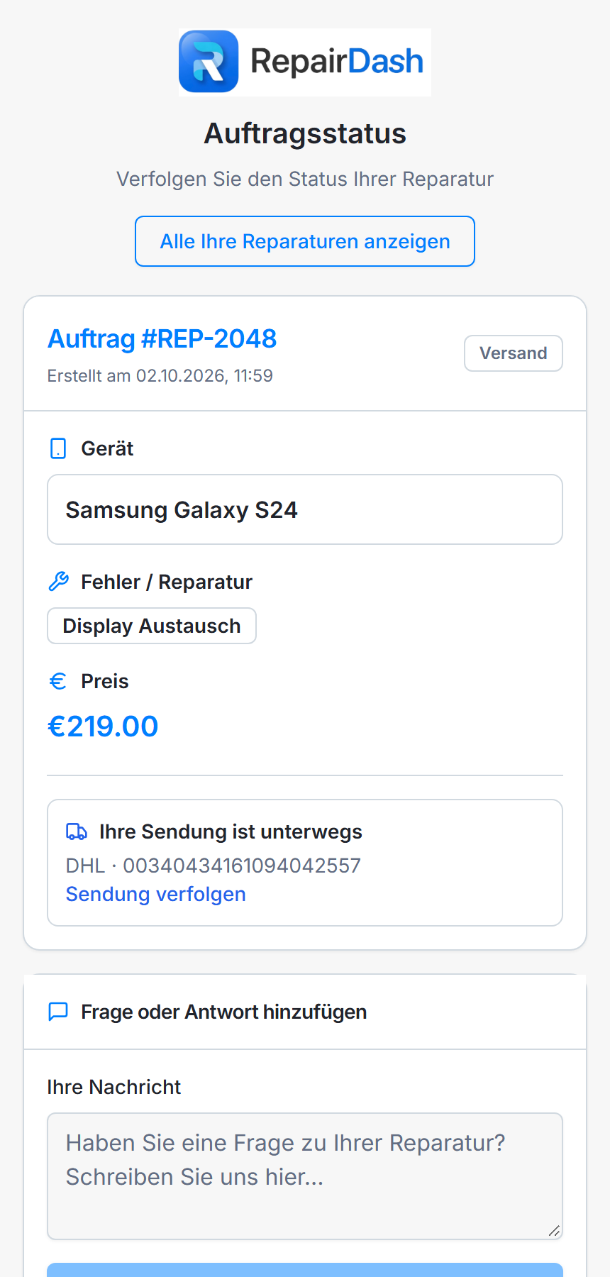 Statusseite des Kunden mit DHL-Sendungsverfolgung