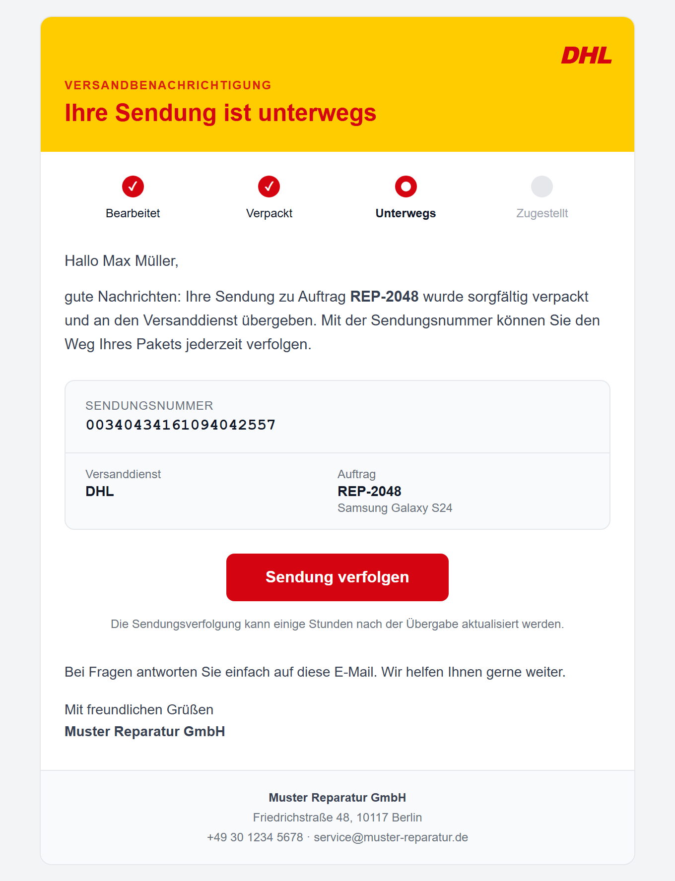 DHL-Versandbenachrichtigung per E-Mail mit Sendungsnummer und Verfolgungslink