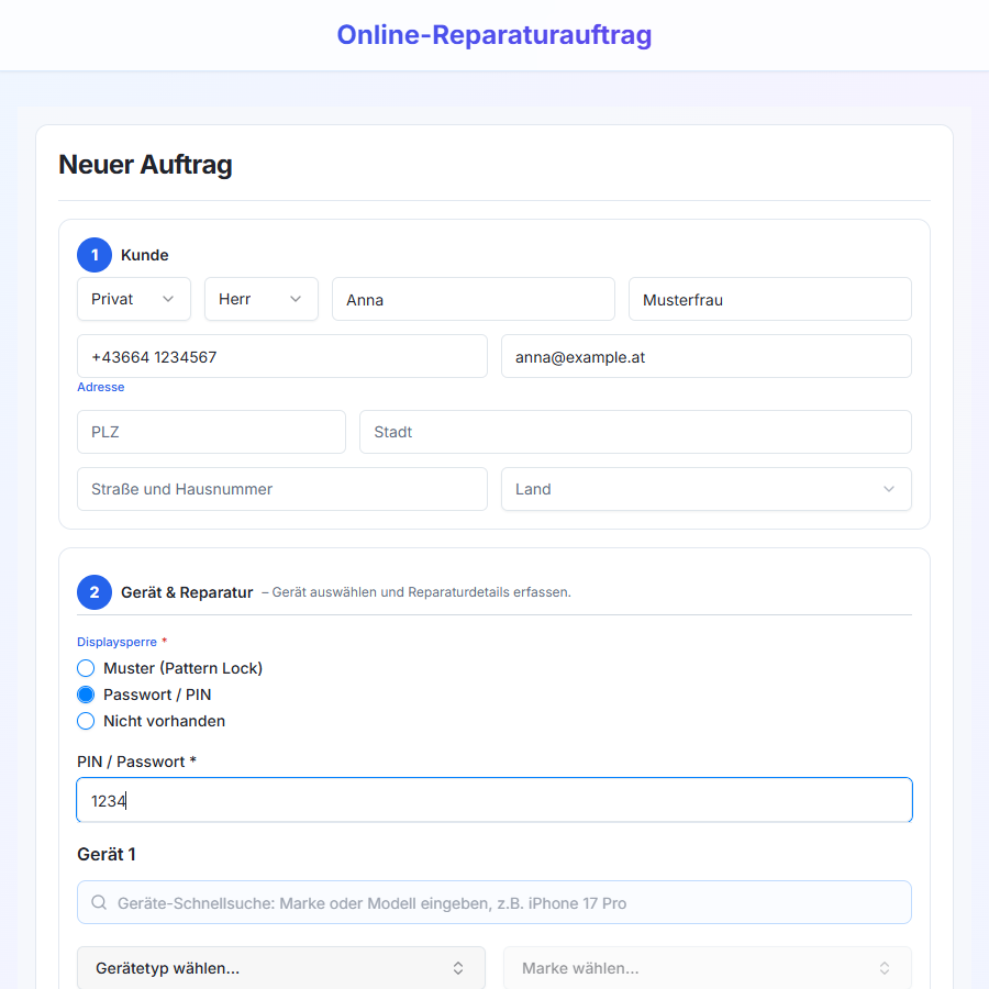 Online Reparaturformular Screenshot