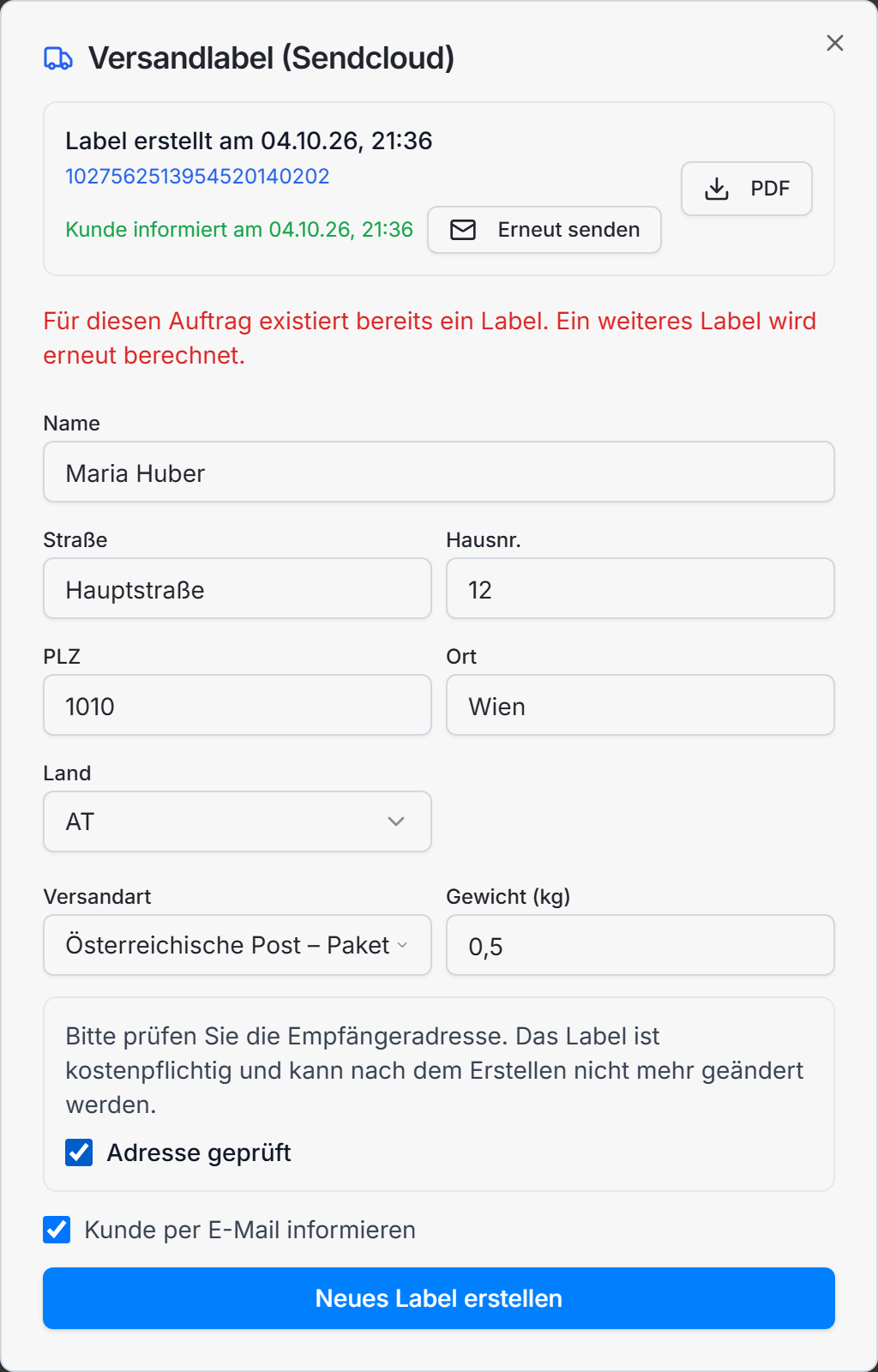 Versandlabel in RepairDash erstellen: Empfänger, Versandart, Gewicht und Adressprüfung