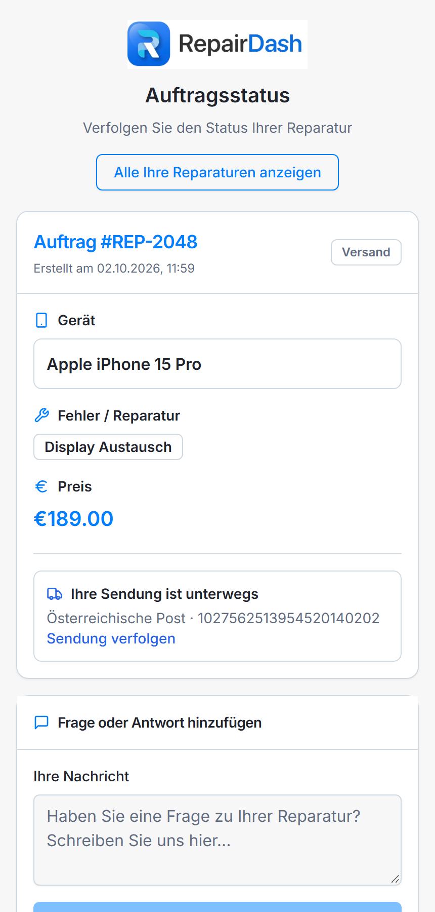 Statusseite mit Sendungsverfolgung