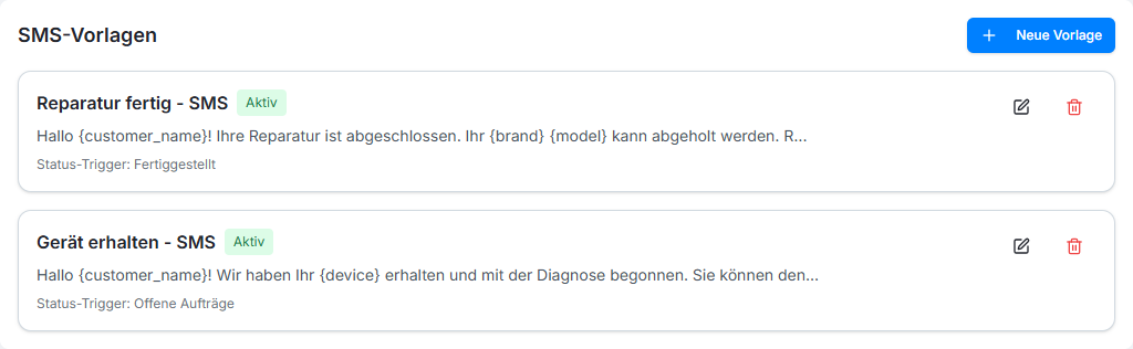 SMS-Benachrichtigung Screenshot